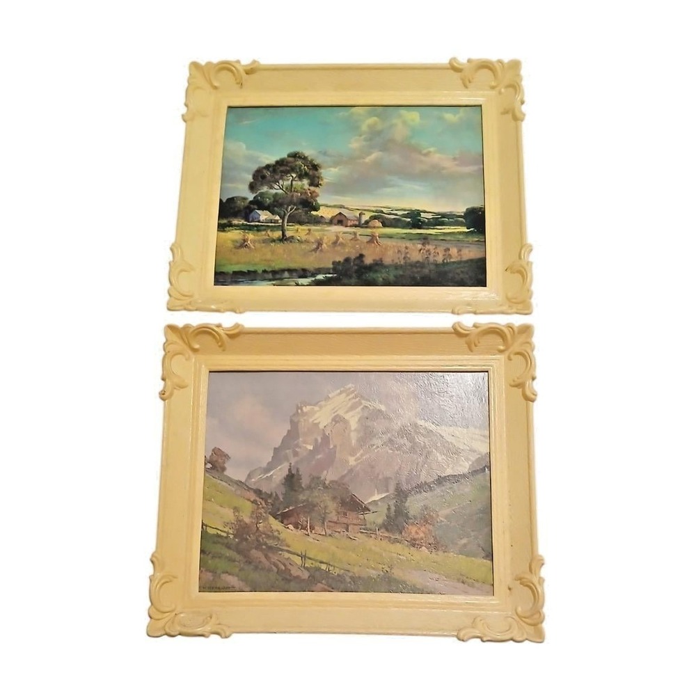 Vintage Framed Landscape Prints Set Ornate Cream Cottage Farmhouse Wall Art Deco